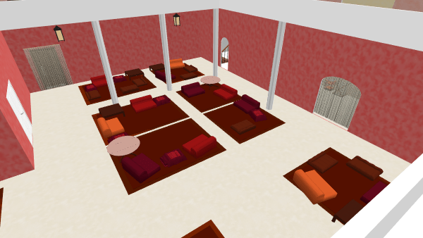 Blick über eine Brüstung im Obergeschoss auf mehrere Sitzbereiche, bei denen Kissen und niedrige Polster auf Teppichen angeordnet sind. Dazwischen runde und eckige Tische, die ebenfalls niedrig sind. Einfach gerendert ohne Schatten und Lichteffekte.