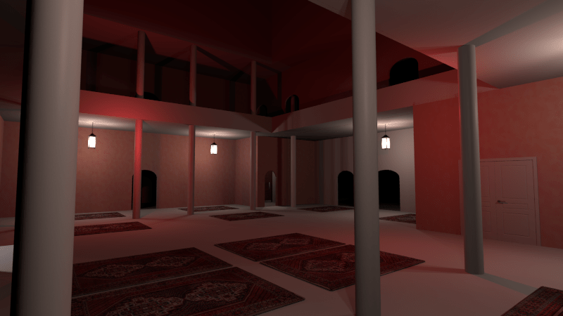 Selber Raum aus der Ecke. In dieser Version sieht man an den Seiten Lampen hängen. Rechts gibt es eine weiße Flügeltür.