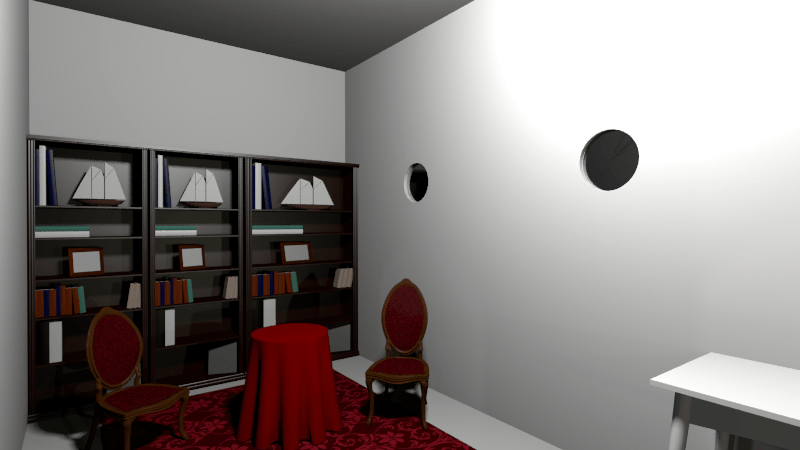 Blick schräg nach links. An der hinteren Wand drei Regale, davor ein runder Tisch mit rotem Tischtuch und zwei Stühle mit rotem Bezug. Unten rechts ist noch eine Ecke des weißen Tischs aus der anderen Ansicht zu sehen.