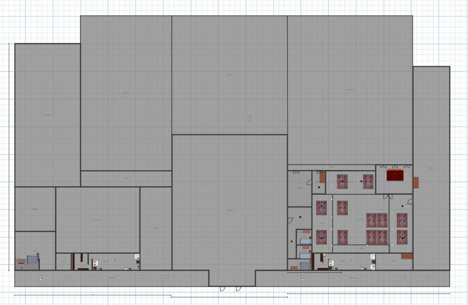 Plan der ersten Etage als Architektenentwurf. Flächen und Wände sind grau, einige Teppiche und Betten sind farbig dargestellt.