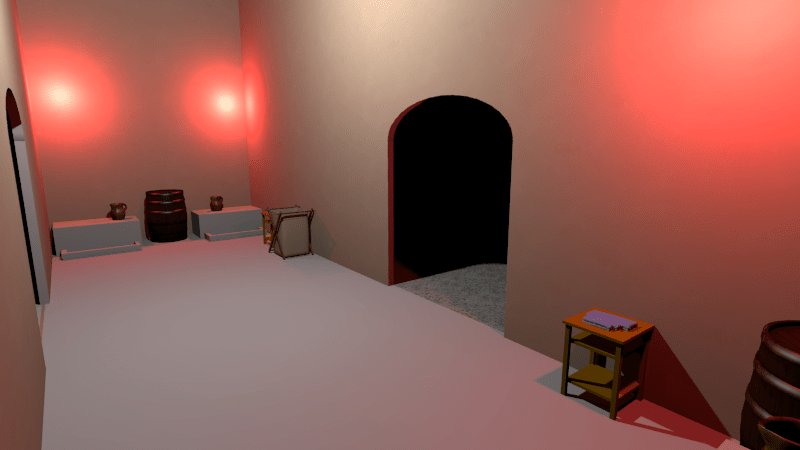 Blick auf einen rötlich beleuchteten, schmalen Flur. Am Ende zwei weiße Blöcke mit Vorbau, auf denen Krüge stehen, dazwischen ein Fass. Auf kleinen Regalen liegen Tücher, in einem Gestell ist ein Wäschesack gespannt. Rechts führt eine Tür nach draußen, dort ist es dunkel.