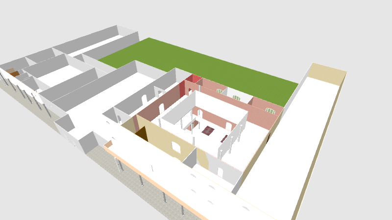 Überblick von der vorderen rechten Ecke aus über einen breiten Gebäudekomplex. Vor der weißen Front sind undeutlich Säulen zu erkennen, im hinteren Mittelbereich deutet eine grüne Fläche den Garten an.