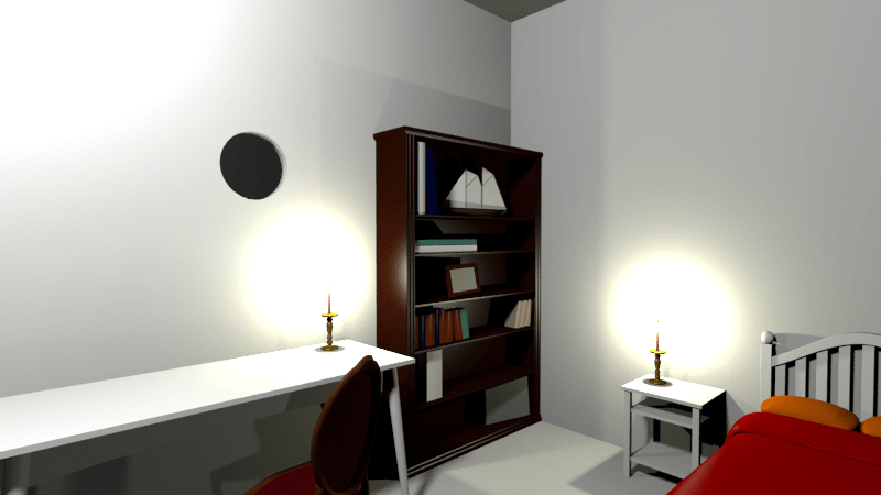 Blick schräg nach rechts in ein Zimmer mit weißen Wänden. Es gibt einen weißen Tisch, ein dunkles Bücherregal und ein Bett mit rotem Bettzeug.