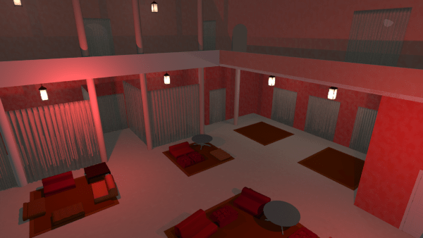 Selbes Bild wie zuvor, aber mit Lichteffekten. Die Sitzbereiche hinter den Vorhängen sind nun durch Verschattung kaum zu erkennen.