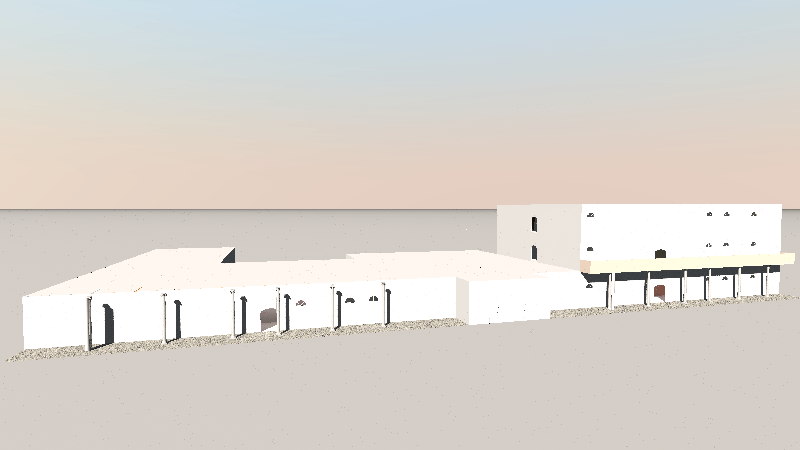 Gerenderte Front der Anlage. Der Bereich links hat zwei Stockwerke, die anderen beiden bloß ein Stockwerk.