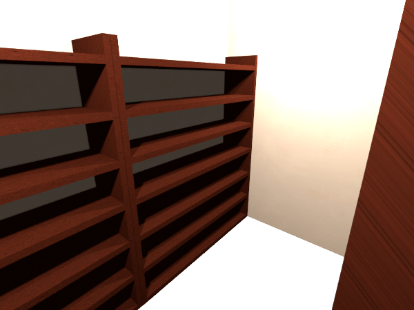 Dunkle Holzregale mit 7 Brettern in einem engen Raum.