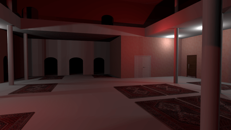 Blick in einen Raum mit hellem Boden und lachsfarbenen Wänden, mehreren Teppichen und Säulen. Die Beleuchtung ist schwach, durch offene Türen nach draußen ist zu sehen, dass es Nacht ist. Die Decke ist in der Mitte offen, im ersten Obergeschoss ist eine helle Brüstung zu erkennen.