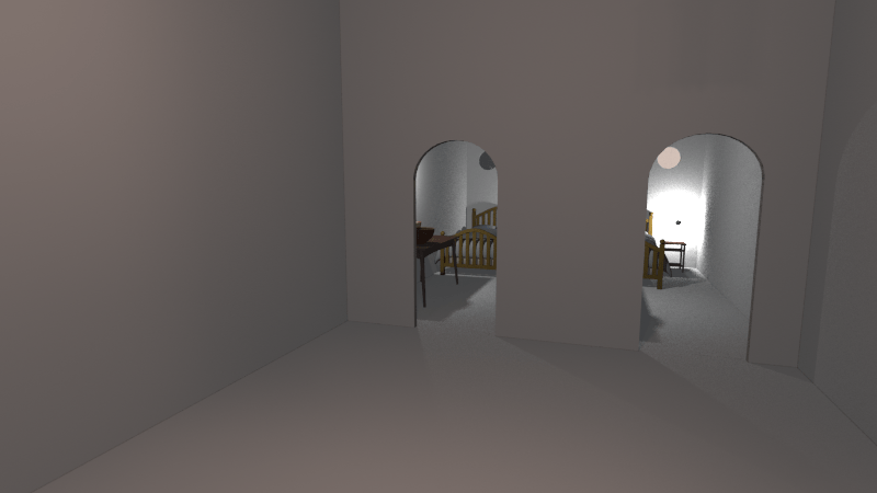 Blick auf zwei offene Torbögen, die nebeneinander zu zwei schmalen Zimmern führen. Man erkennt in einem davon den Rand eines Betts.