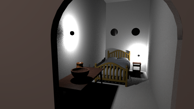 Blick vom Eingang in ein kleines Schlafzimmer. Es gibt zwei kleine Fenster, draußen ist es dunkel. Die Einrichtung hat einen schlichten Stil. Es gibt ein Bett mit Nachttisch und einen Tisch mit Waschschale und Kanne. Außerdem zwei leuchtende Kugeln.