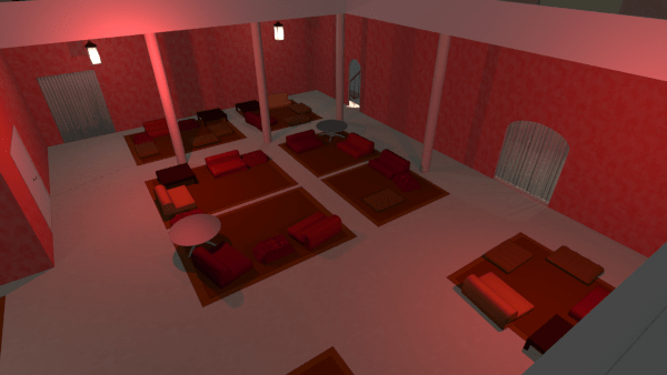 Selbes Bild wie zuvor mit teils roter Beleuchtung, dunklerer Eindruck als zuvor.