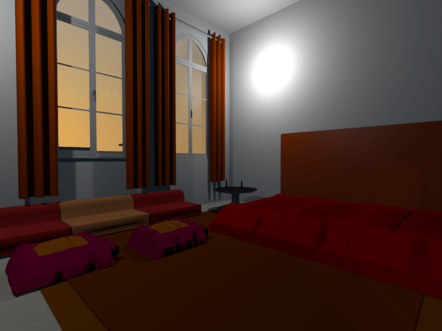 Ein Schlafzimmer mit rotem Bett und hohen Fenstern. Das Bett steht rechts, vor der Fensterseite gibt es niedrige Sitzpolster in Rot und Ocker. Die roten Vorhänge reichen bis zum Boden und sind aufgezogen. Draußen ist etwas Wiese zu erkennen.