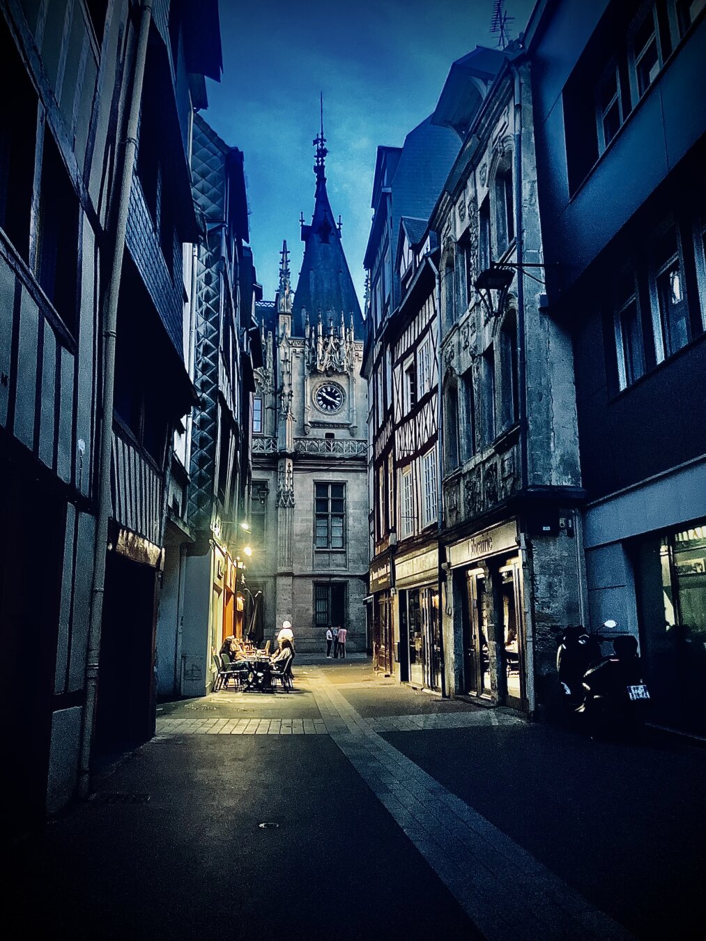 View of the Rouen court of justice clock tower at night