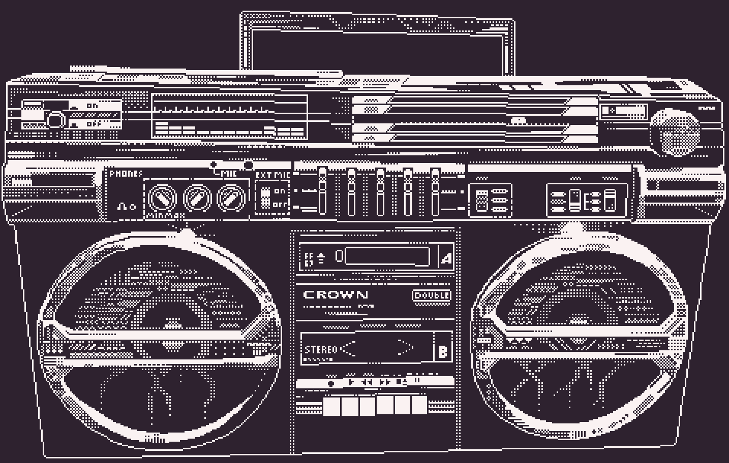1-bit pixel drawing of a Crown SZ-5100 boombox