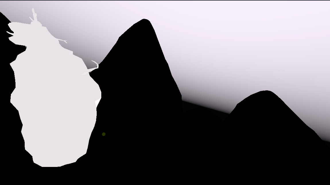 An abstract white being is on the left-hand side. Black mountains are against a tilted white sky and black ground.