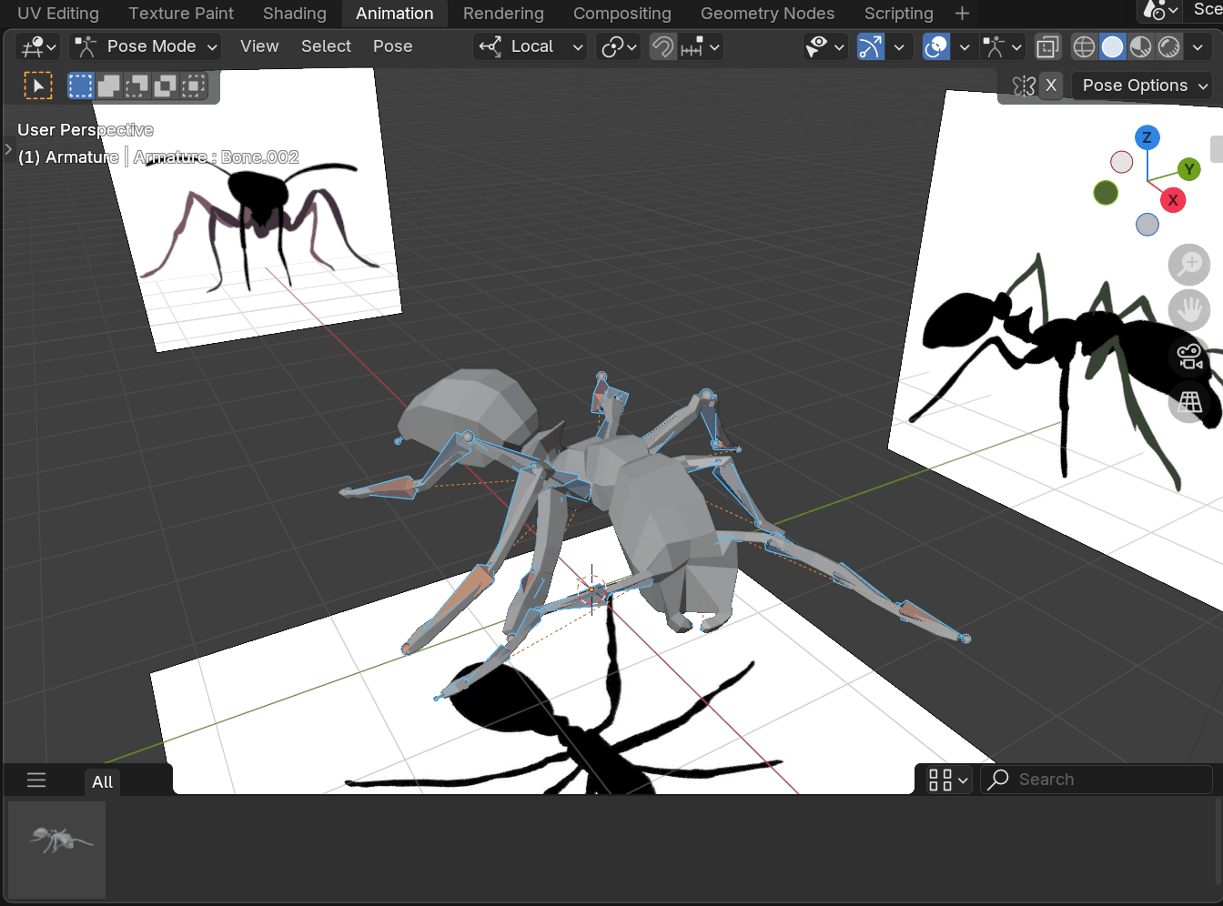 A 3D modeling window with a grey boxy ant in the middle of it. There are three image planes showing hand-drawn silhouettes from different angles.