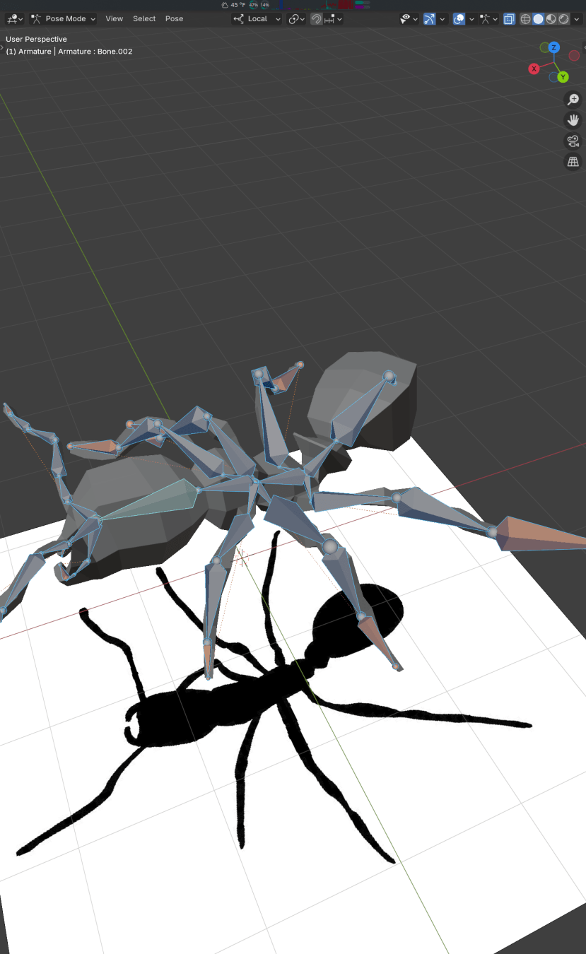 A 3D modeling window with a grey boxy ant in the middle and a top-down image plane reference below.