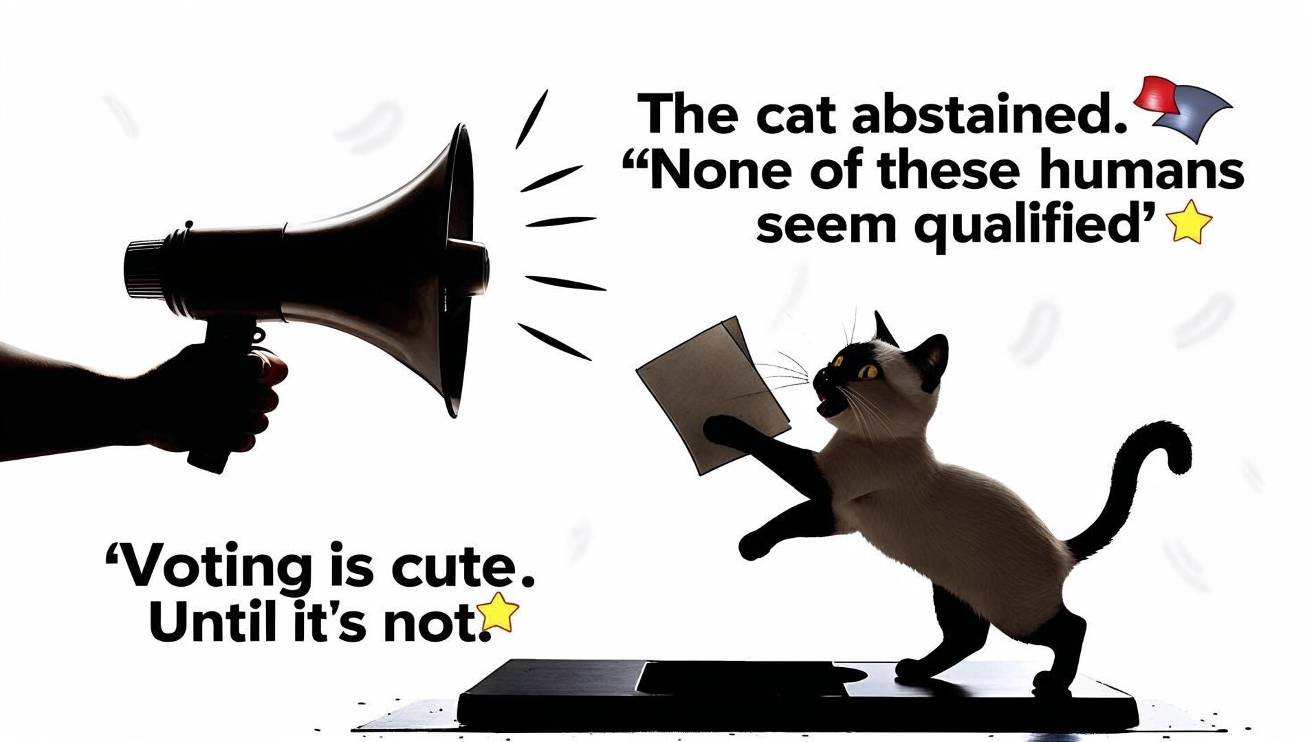 A megafone from the left and on the right a box with a cat standing on it with the text - "The cat abstained none of the humans seemed qualified. Voting is cute until it's not!