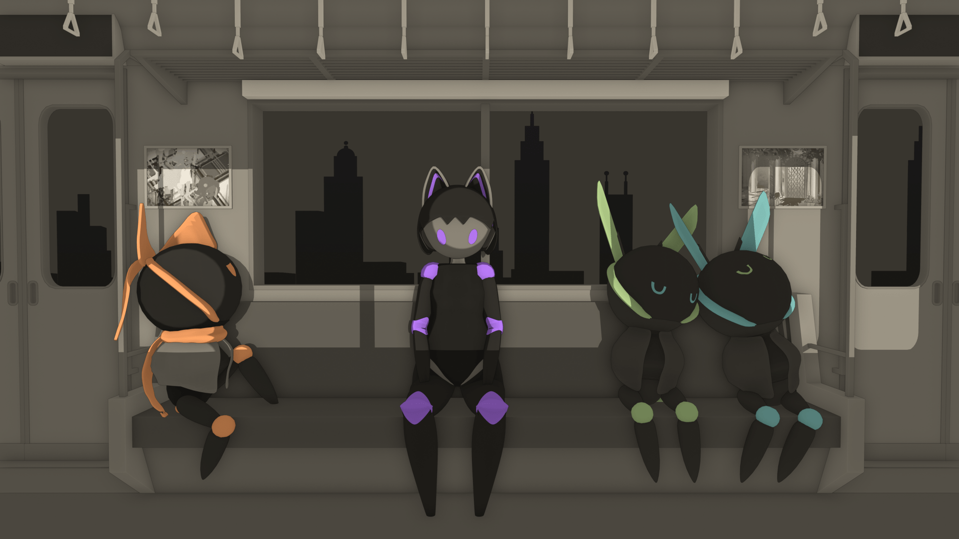 Art made with Blender, 4 robots riding a tram. The left one is looking outside while semi laid-down. The middle one is sat down tiredly. The two to the right are leaning to each other and sleeping