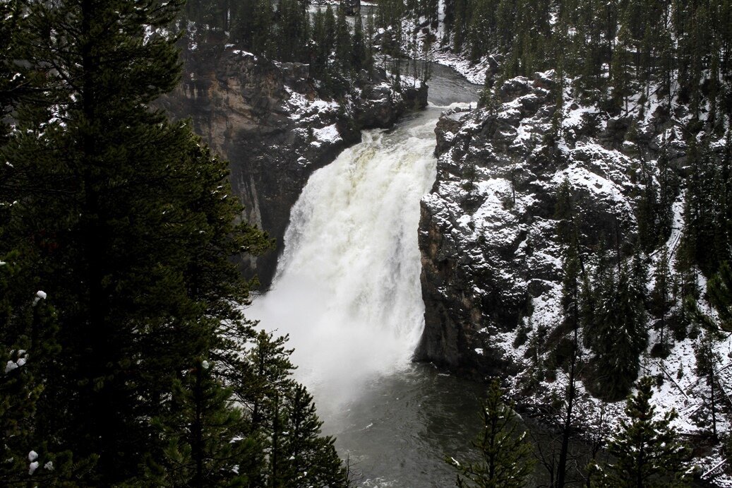 A waterfall cascades down a rocky cliff surrounded by snow-dusted trees, reminiscent of Yellowstone's sublime beauty. The water flows into a misty pool below, framed by towering pine trees, while the blanket of snow hints at a tranquil winter setting.