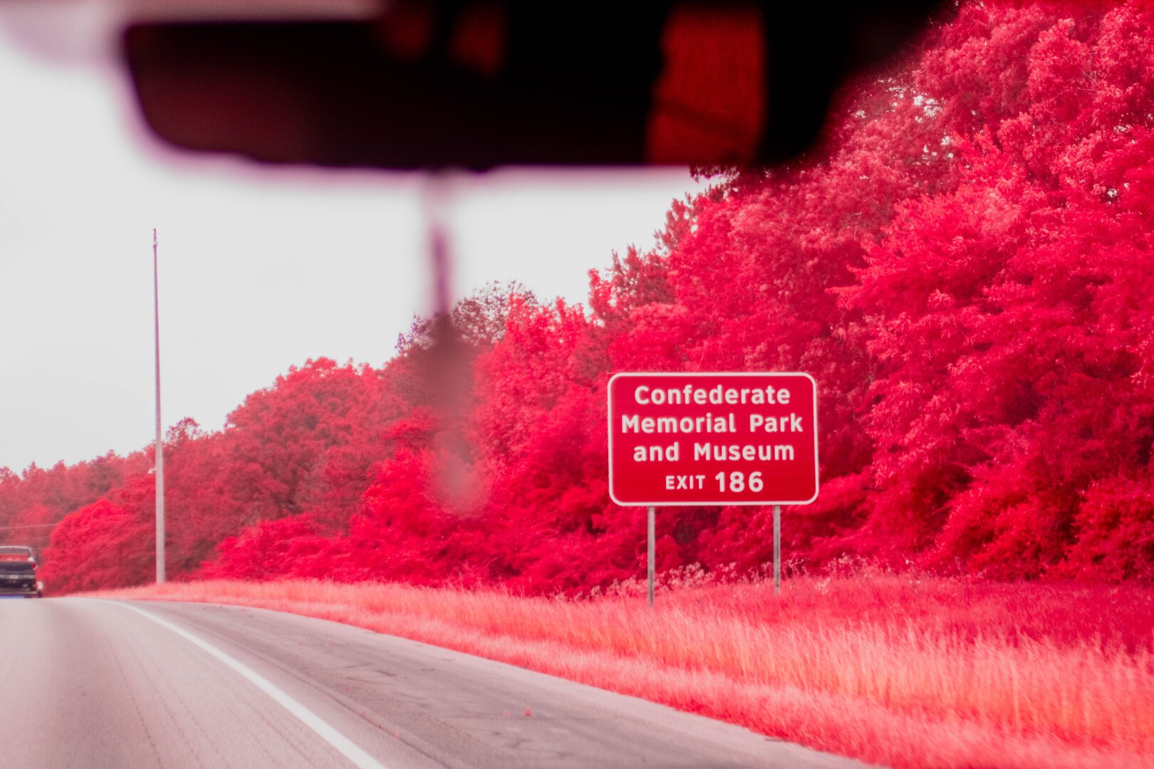 Taken from inside a car traveling down the interstate on the right lane redesign Confederate memorial Park in museum exit 186 next to a tree line dyed pink by infrared in the style of aerochrom leading to a a white pole and a retro car driving down the road half cut off.