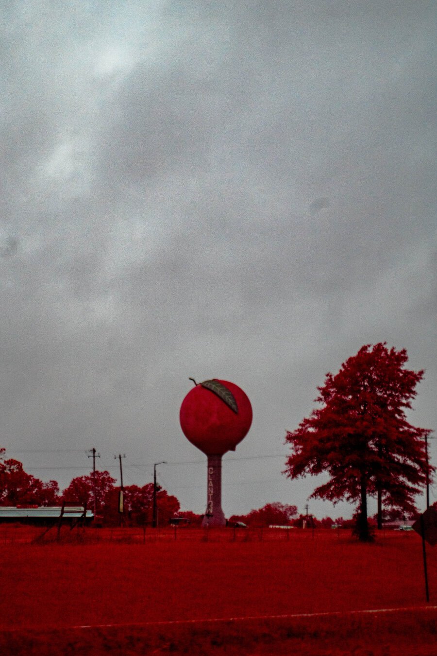 A orange peach water tower sits in the shadow of a stormy day. The foreground field died in a ugly shade of orange brown along with a lone tree. To the left of the peach, three poles lead power lines left to a distant building.