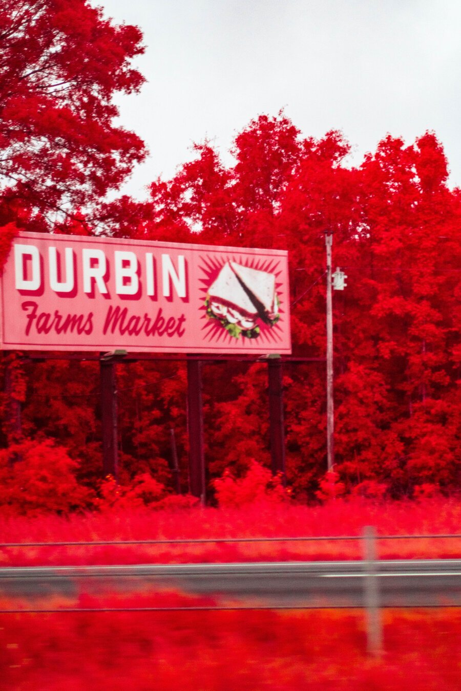 A pink billboard read Durbin famous market with a large sandwich split in half. Around it the trees and grass are dyed red. A interstate blues by between a boring median and the sign.