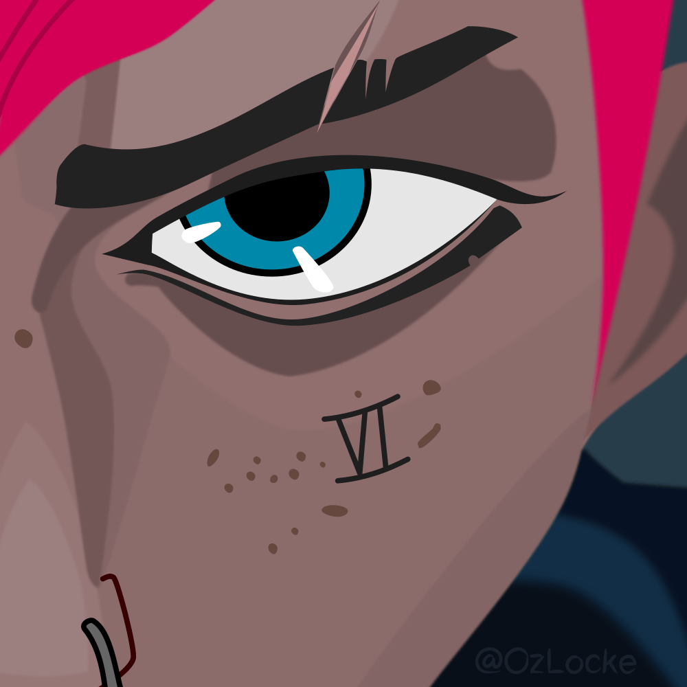 A flat colour illustration of a segment of Vi from Arcane's face, including her iconic face tattoo.