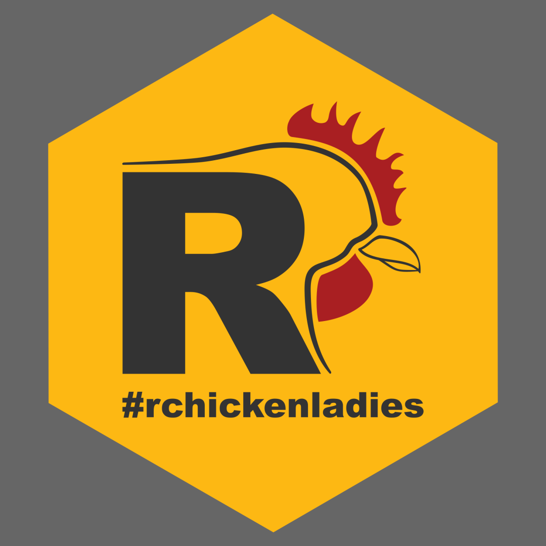 Logo for R Chicken Ladies, shows the letter R with a linework chicken and the name