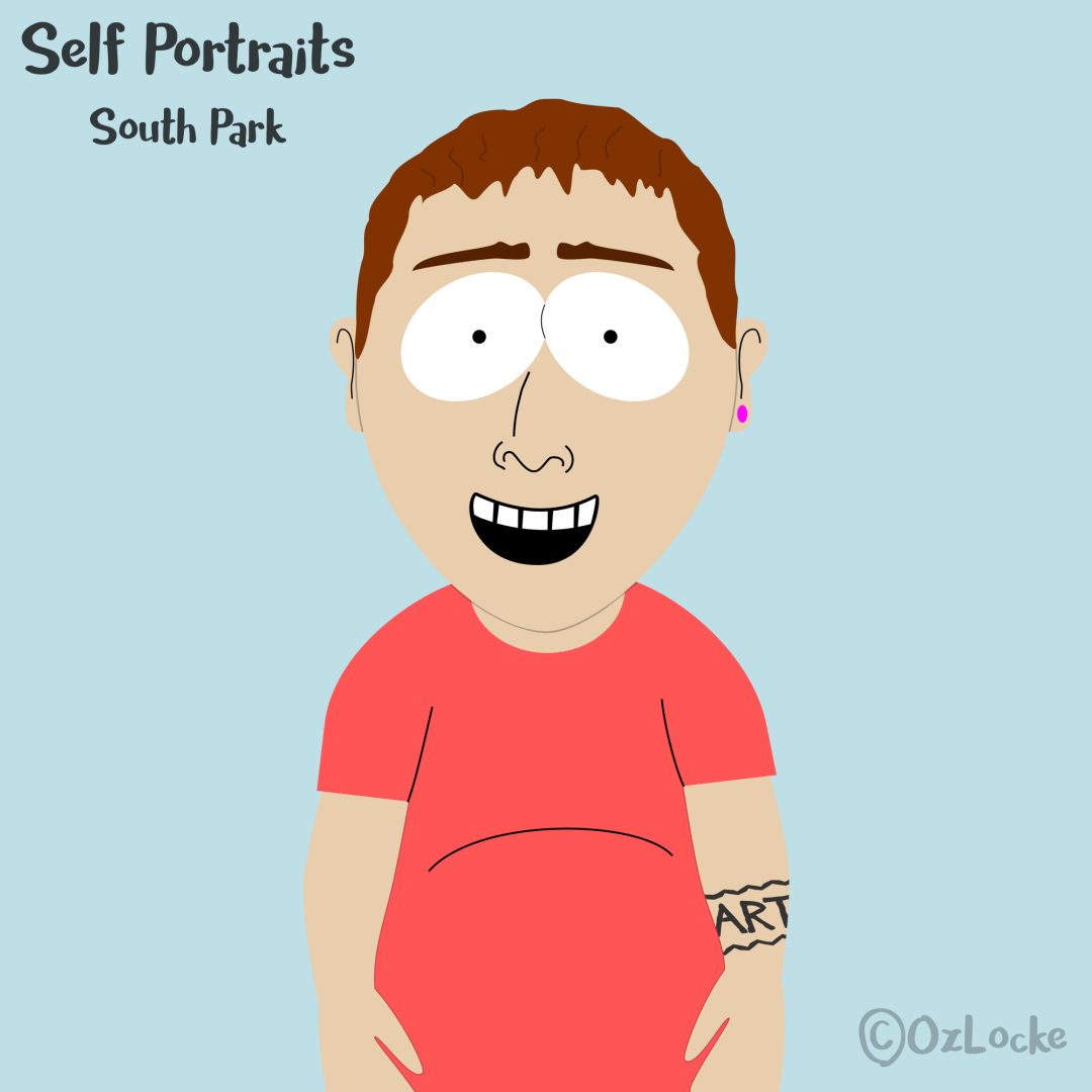 A self-portrait of me from before my transition, in the style of South Park. I am wearing a red v-neck t-shirt and facing the viewer.