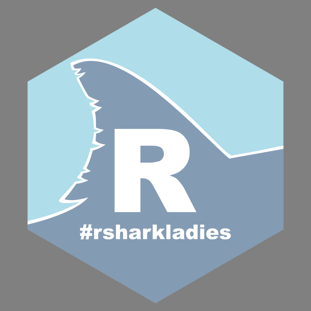 Logo for R Shark ladies, shows a linework shark fin behind the letter R and the name