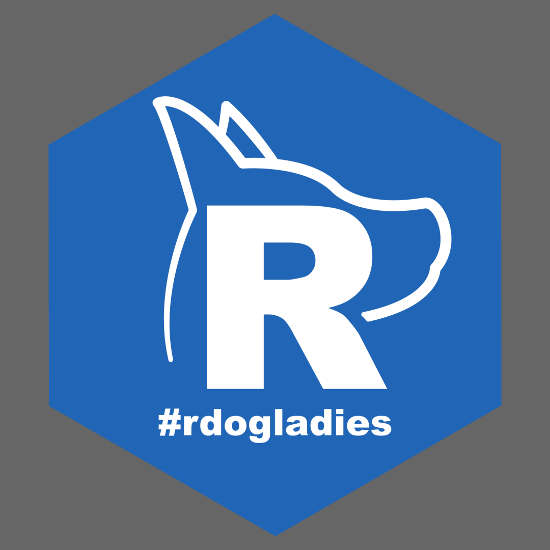 Logo for R Dog Ladies, shows the letter R with a linework dog and the name