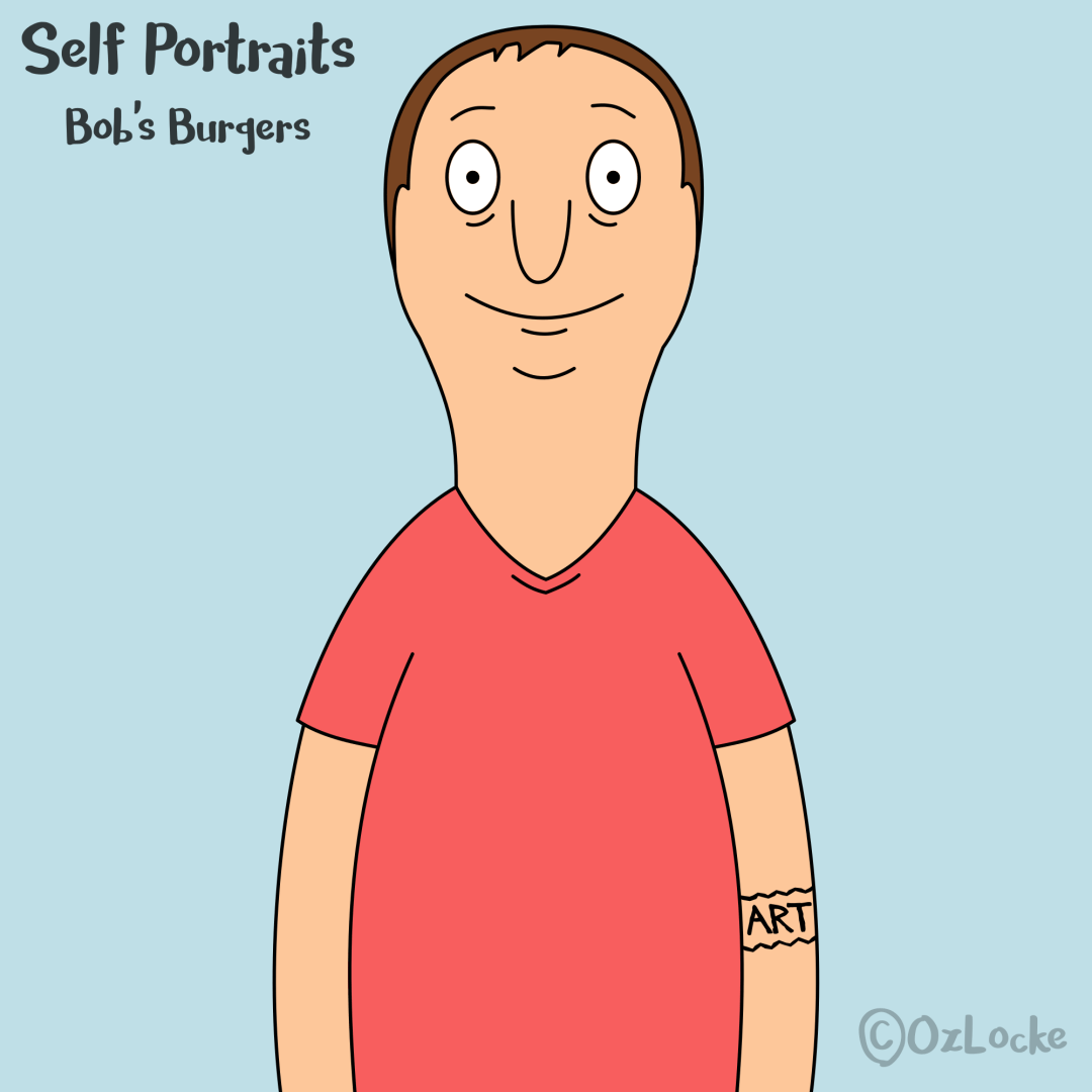 A self-portrait of me from before my transition, in the style of Bobs Burgers. I am wearing a red v-neck t-shirt and facing the viewer.