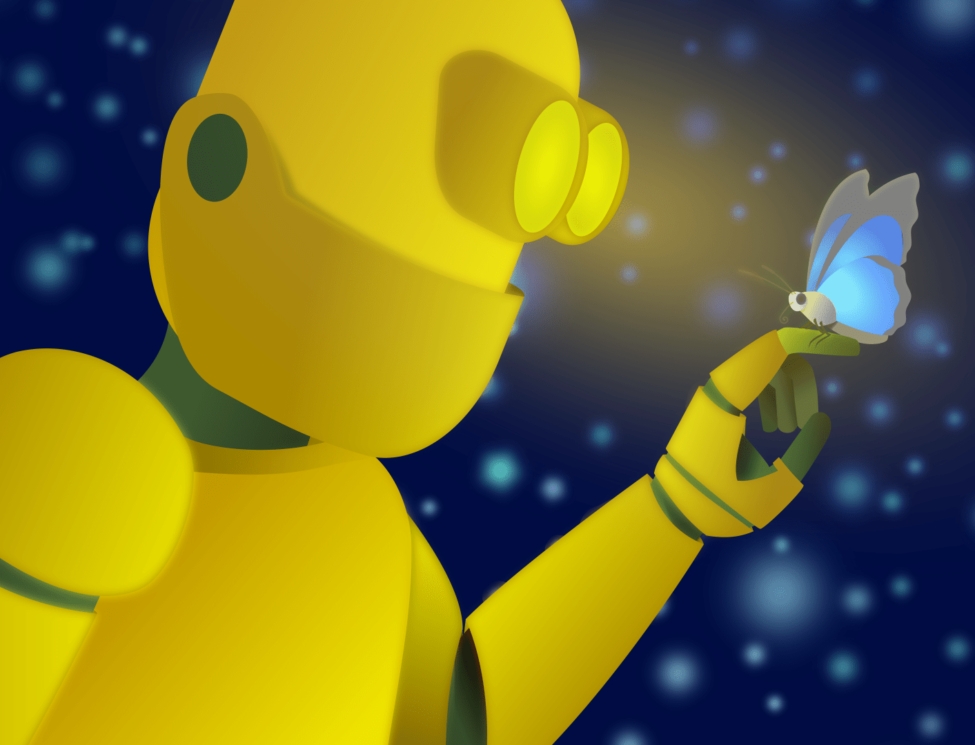 A graphic showing a golden robot holding a blue butterfly on its finger. The background is dark, and the robot is using light from its eyes to illuminate the butterfly.