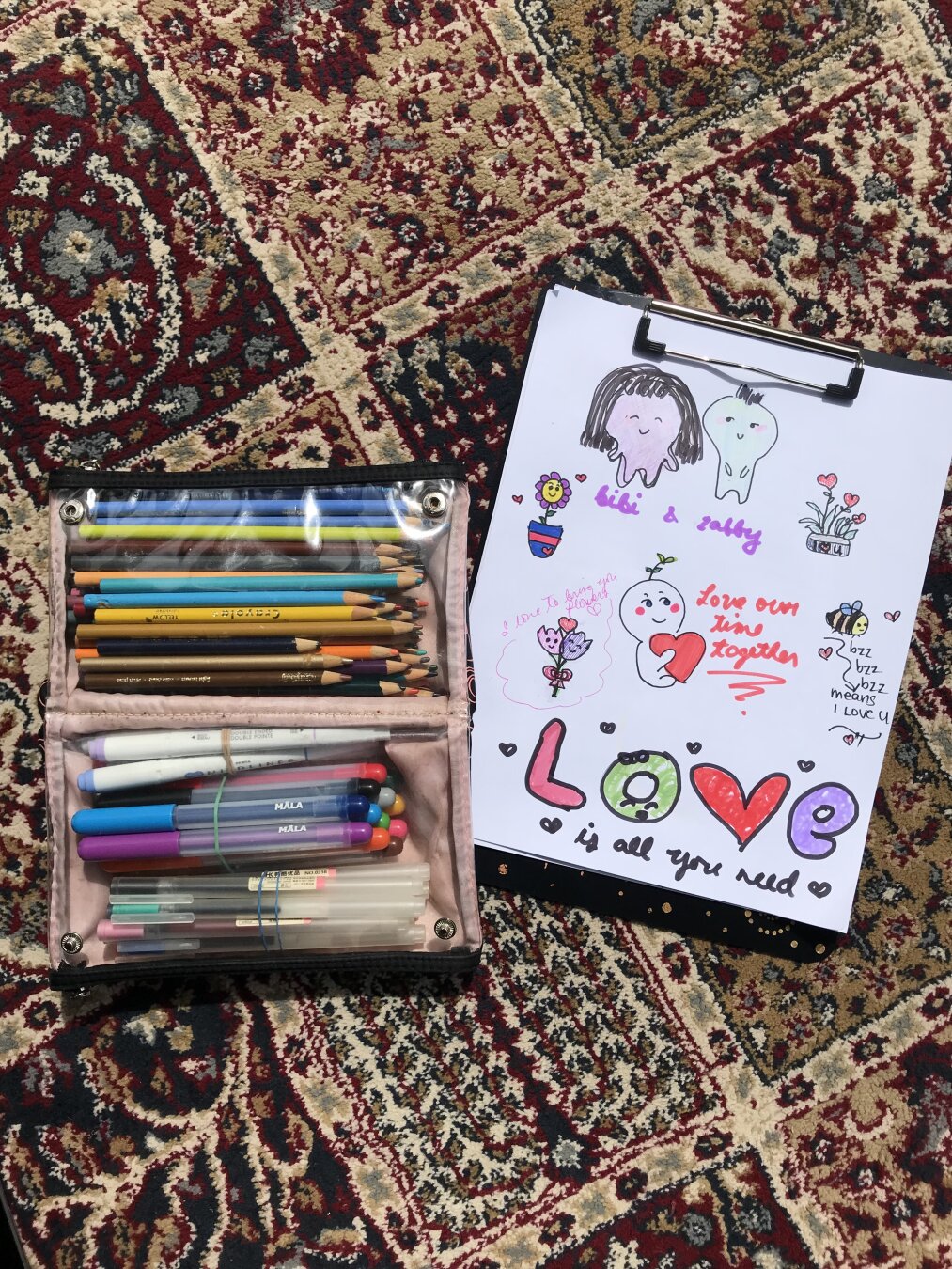 Colour pens, pencils, highlighters in a bag; Crissy doodles of flowers, cute things, love