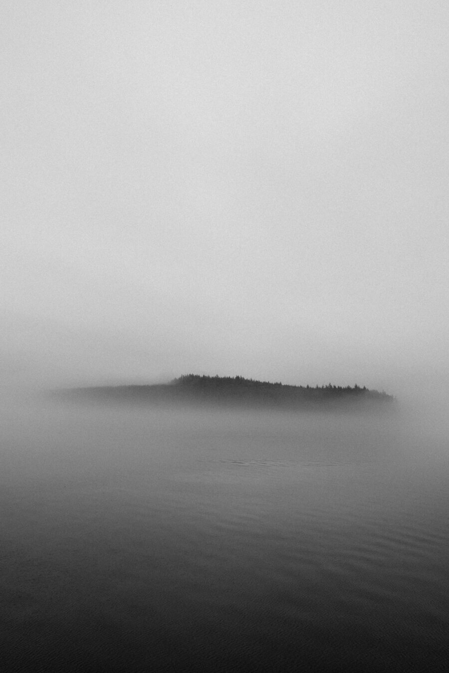 A misty black-and-white landscape showing a distant island with a tree line, partially obscured by fog, reflected over calm water.