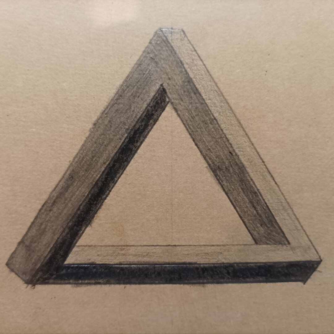 Picture of the shape after the shading was done: the beam on the right is really clear, while the one on the left is grey. Finally the one on the bottom is the darkest one, painted in black.