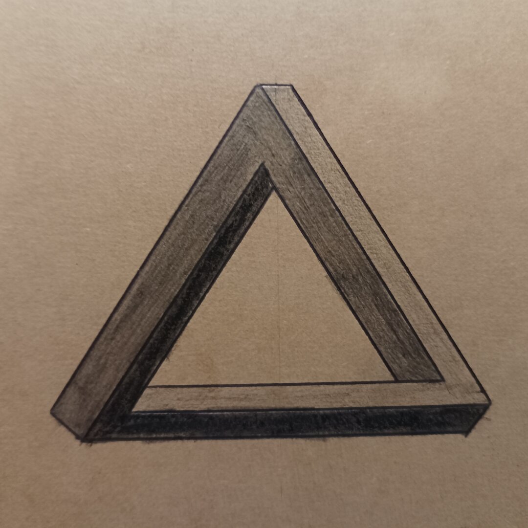 Picture of the finished drawing of a Penrose Triangle, a three-dimensional triangle looking object that can't be replicated in real life due to the position of each of its beams.