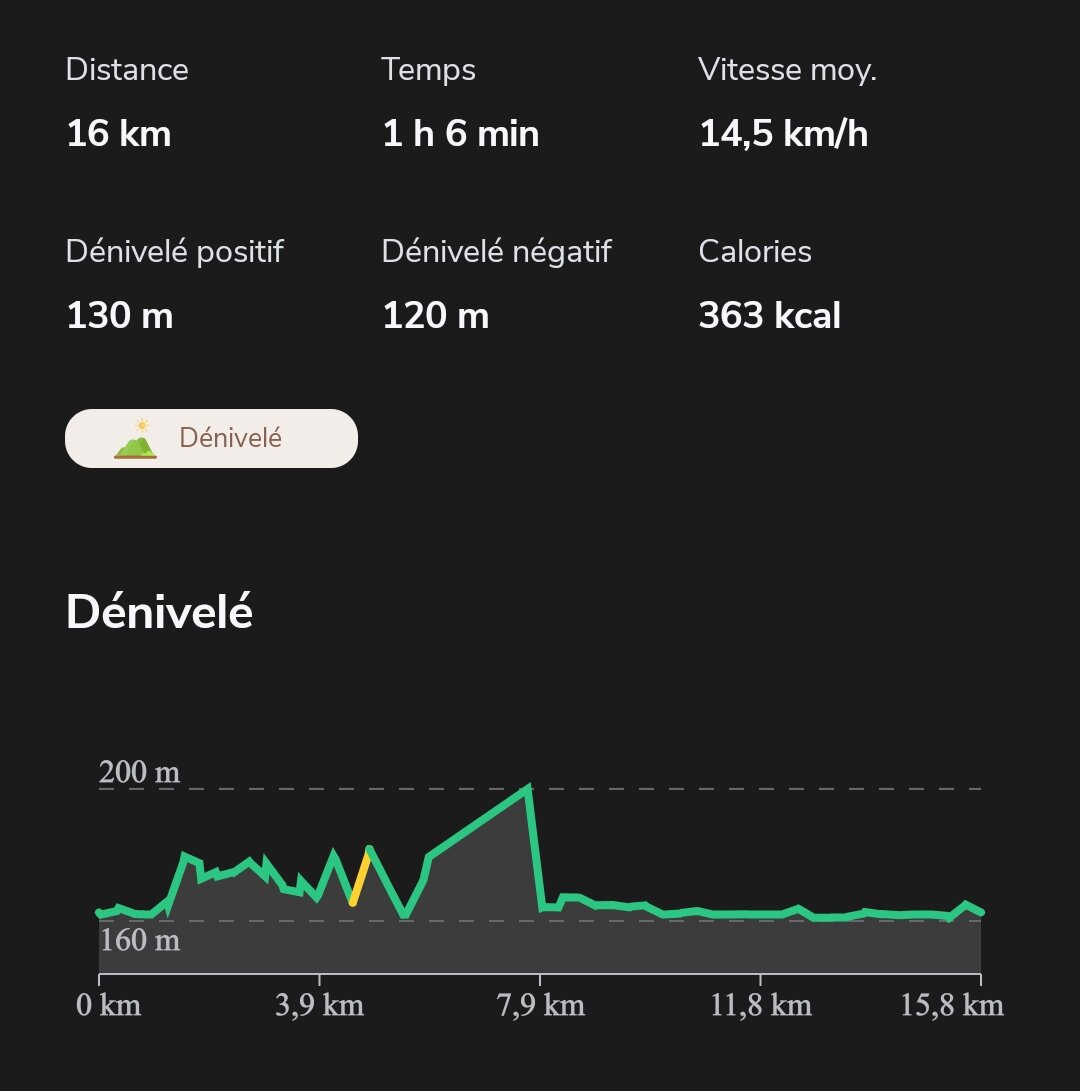 Screenshot from an app that tracks biking performances. Data such as the distance, time, and incline are shown. (I'm in a bit of a hurry right now but if I have more time I'll write a more precise description)