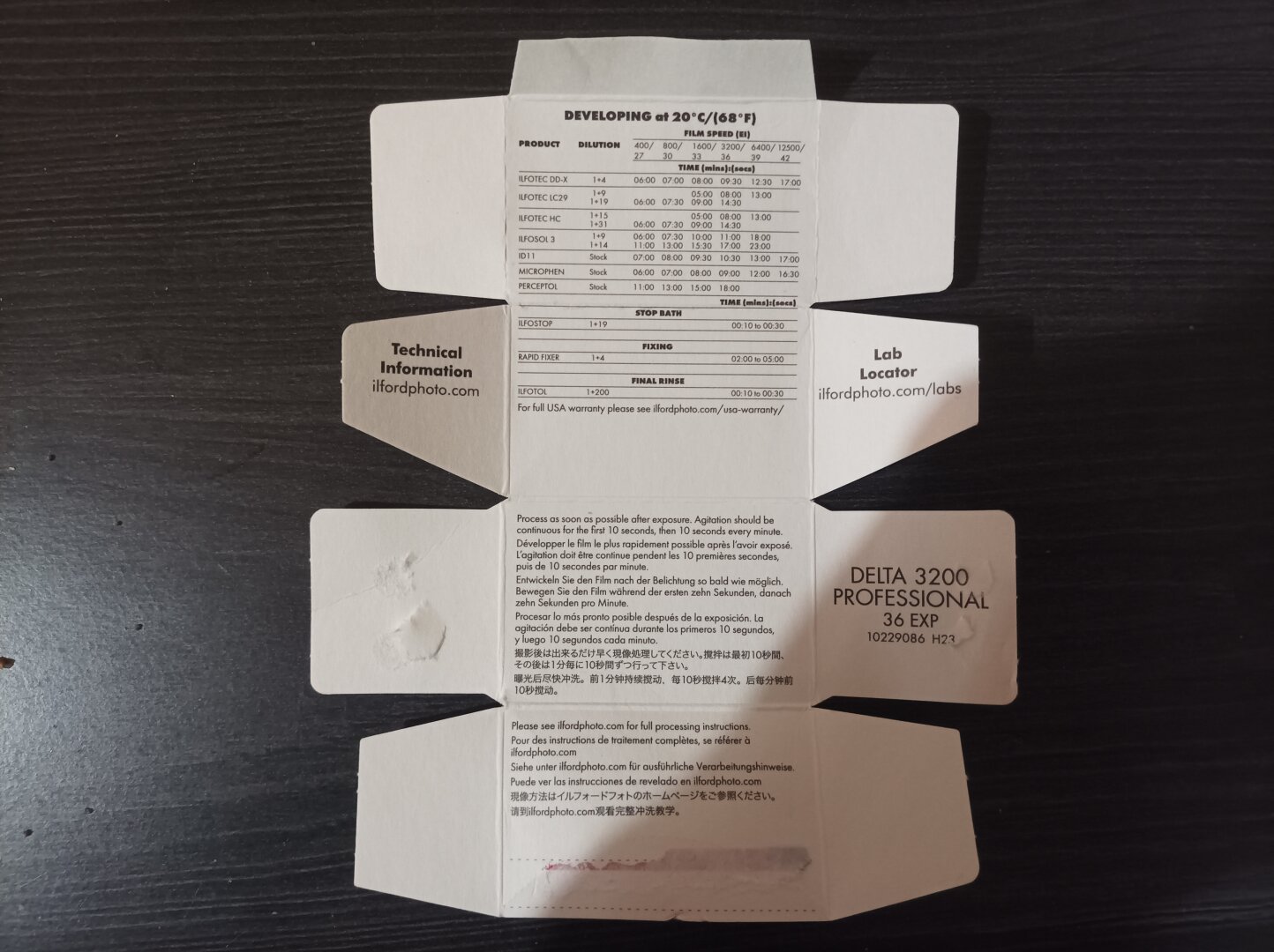 Picture of the box containing the film being unfolded, revealing lots of technical details and informations about the development of the film.