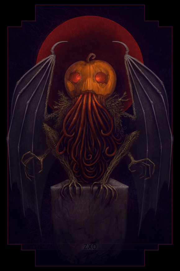 A creature, reminiscent of Cthulhu with wings and tentacled face sitting on a stone with a red moon behind it, but with the head of a pumpkin and a body like snaring plants.
