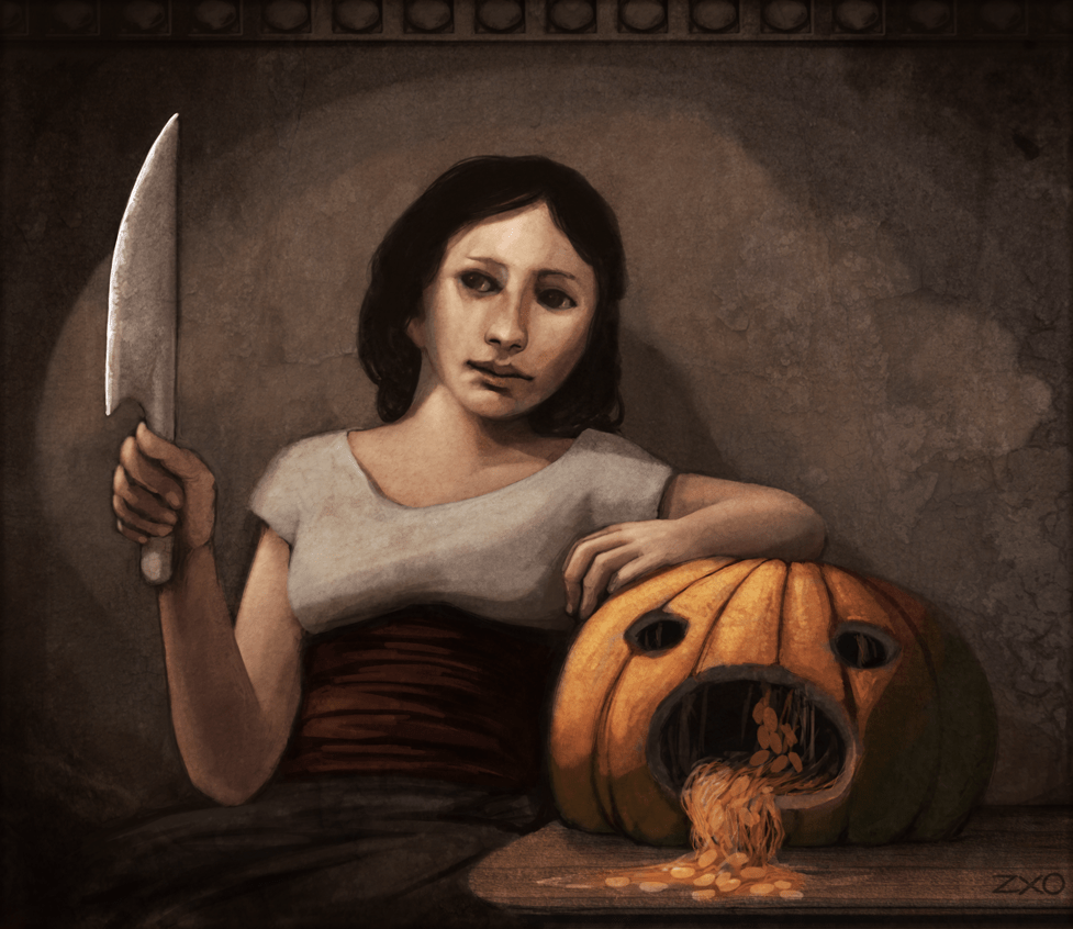 A young woman is sitting next to a table with a carved pumpkin on it, some of it's remaining insides spilling out through it's mouth. She's resting one arm on the pumpkin and holding up a knife with her other hand.