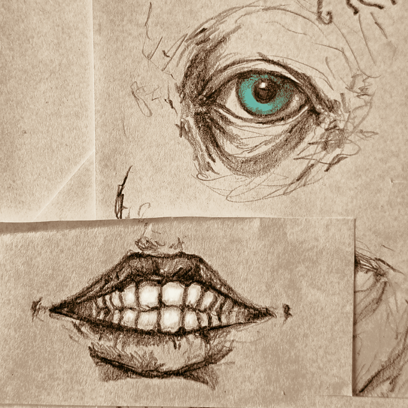 Pencil doodles of an eye and a mouth, on separate pieces of copy paper, put together to form a nose-less, one-eyed face. It's then been edited digitally to add contrast, a sepia colour, and the iris of the eye is made green.