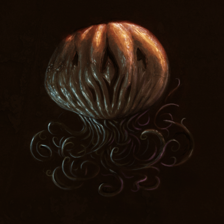A dark digital drawing with a pumpkin monster with wormy tentacles underneath.