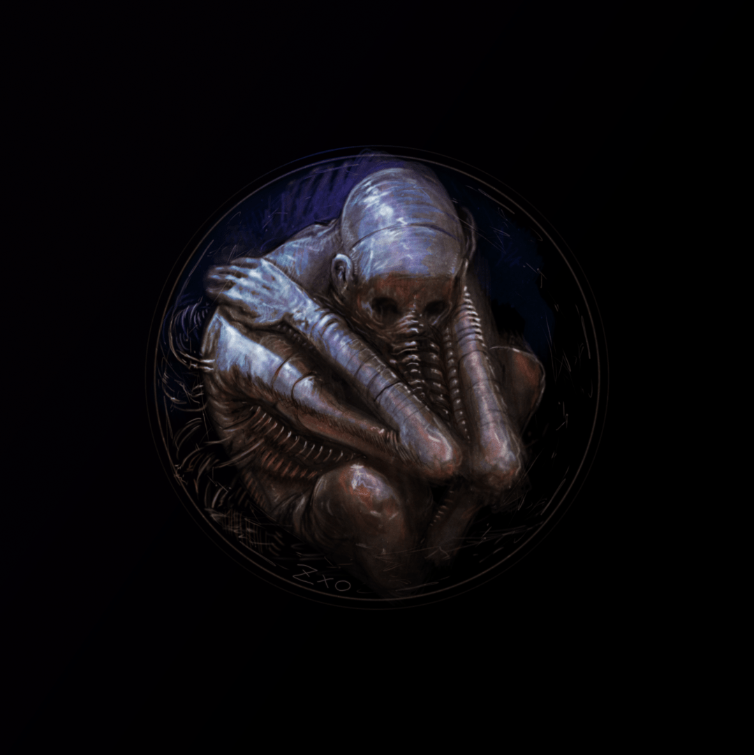 A crouched up humanoid figure with machine-like parts from their face down around their body, framed inside a circle with black around it. Digital drawing.