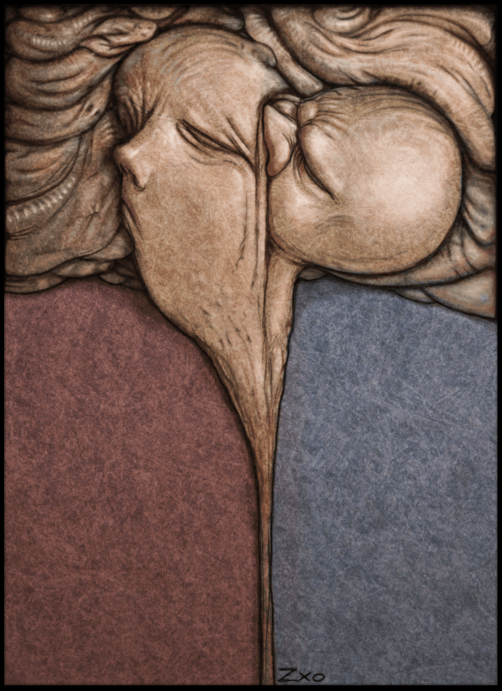 A surreal, digital drawing of two mushed together faces in fleshy flaps and simple background.