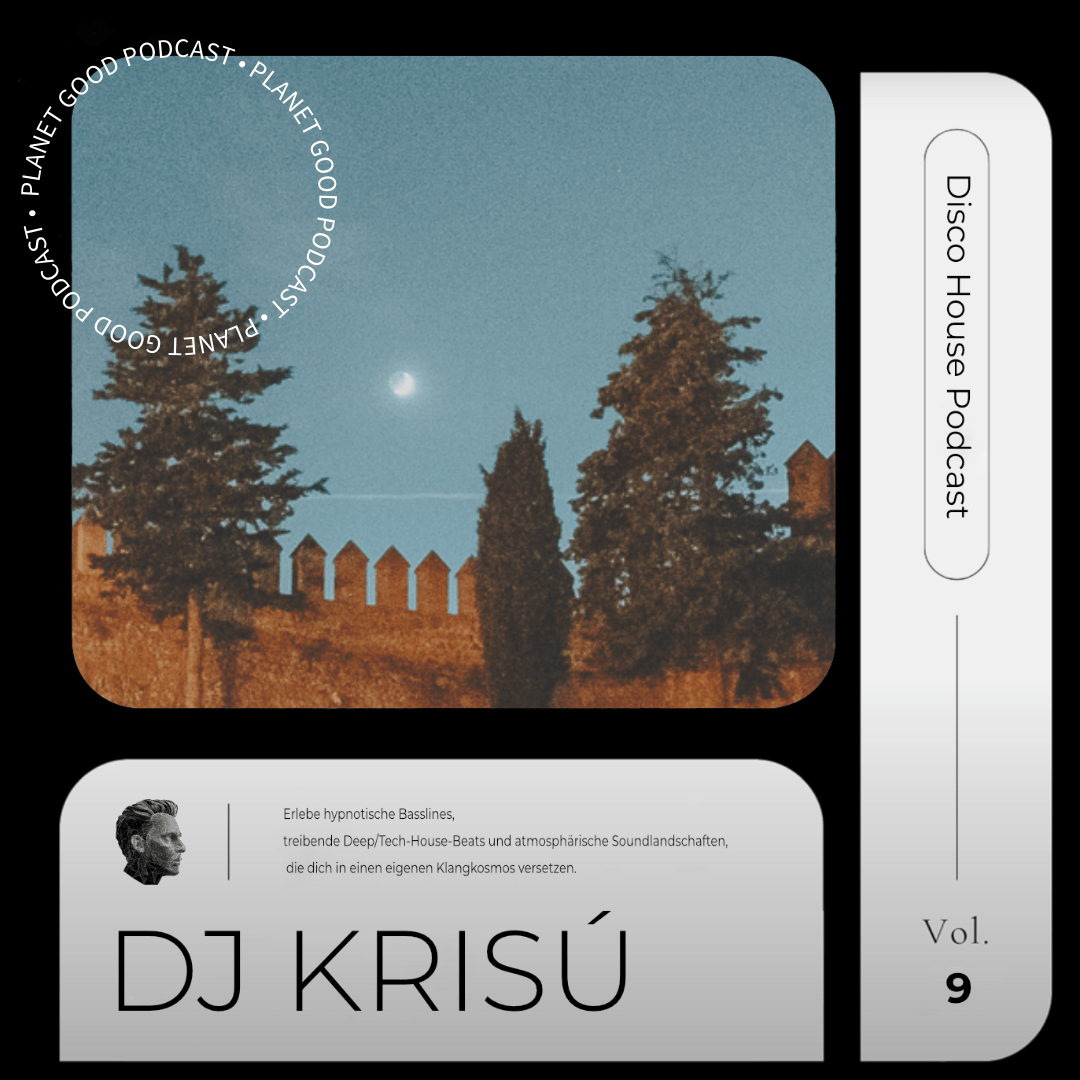 Nachthimmel mit Vollmond über einer Mauer und Bäumen, Text zu DJ Krisú und Disco House Podcast Vol. 9