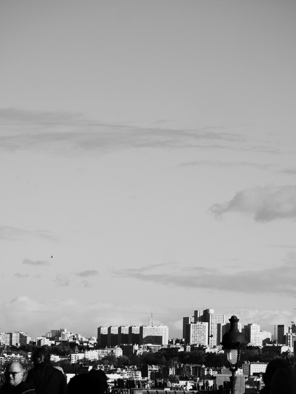 A black-and-white photograph of a view of Paris, from the top of Montmarte hill, which shows us concrete buildings, cutting the horizon.
