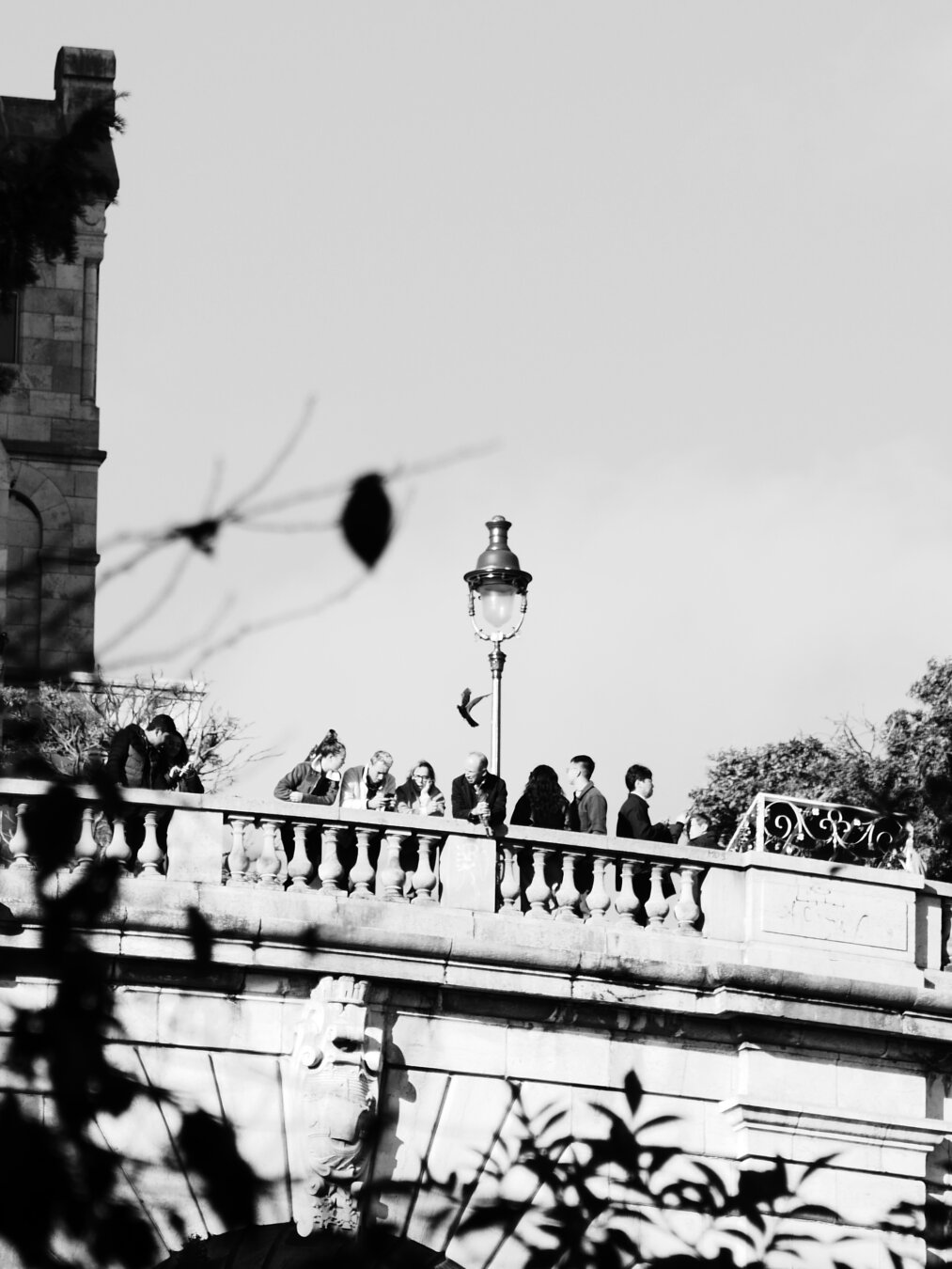 A black-and-white photograph of some people looking at Paris. They are under a lamppost, and a bird fly over them. The scene takes place at the top on Montmartre hill