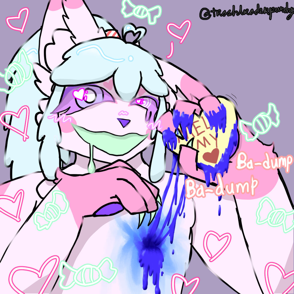 A pastel coloured anthropomorphic cat, holding his own heart which he tore out of his chest. His heart is one of those candy hearts with messages on them, currently it says "MELT MY ❤️" though this is obscured by his paw.