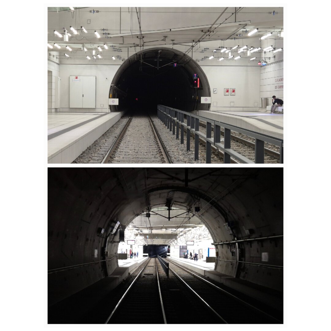 Two views of a metro tunnel: bright platform facing darkness above, dark tunnel opening toward a bright station below.